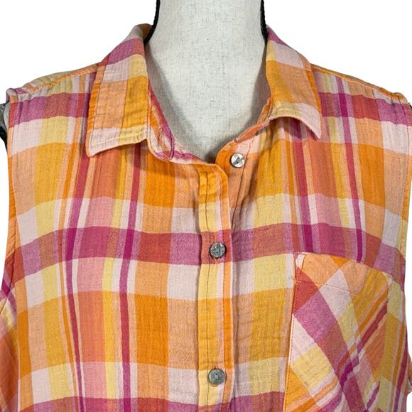 Time & Tru XX-Large (20) Top Plaid Button-Up Sleeveless Collared Pocket Gauzy - Picture 2 of 8